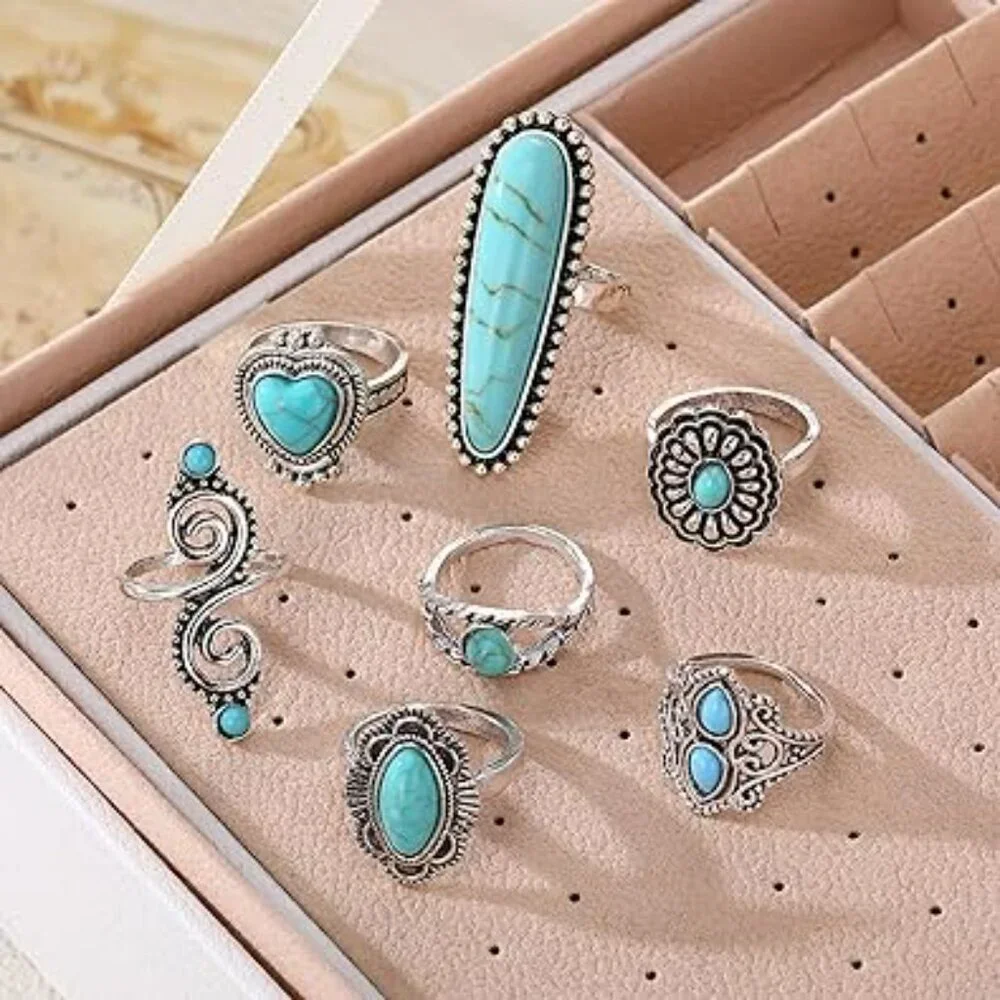 7 pc Set for Women Silver Rings Women‎ Turquoise Boho Jewelry